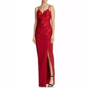 BARIANO Red 3-D Floral Appliqué With Front Slit Dress Grown Size M